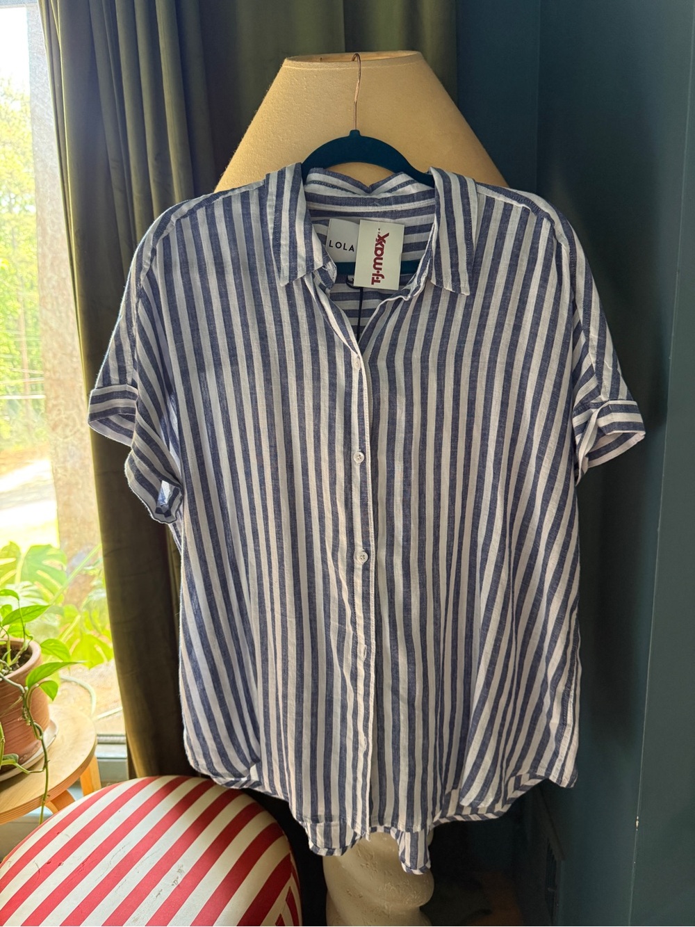 2 Blue & White Vertical Stripe Button-Front Shirts
